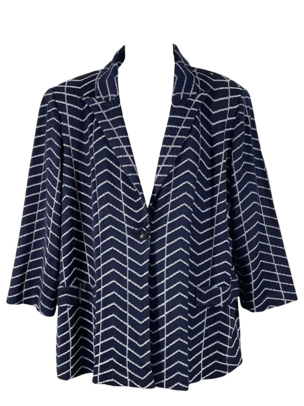 Misook One-Button Striped Knit Blazer W/Collar & Lapels - Navy/White - XL